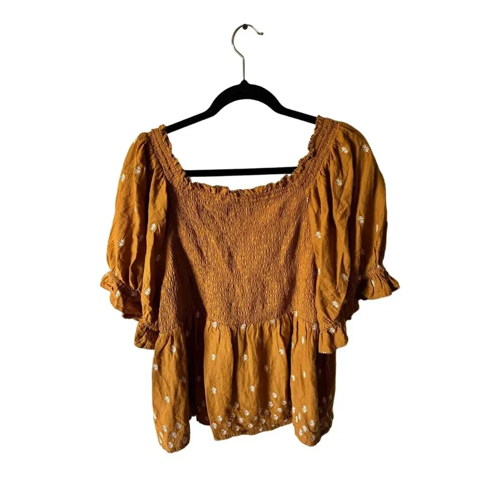 Old Navy Gold Puff Sleeve Smocked Embroidered Babydoll Blouse Plus Size XXL